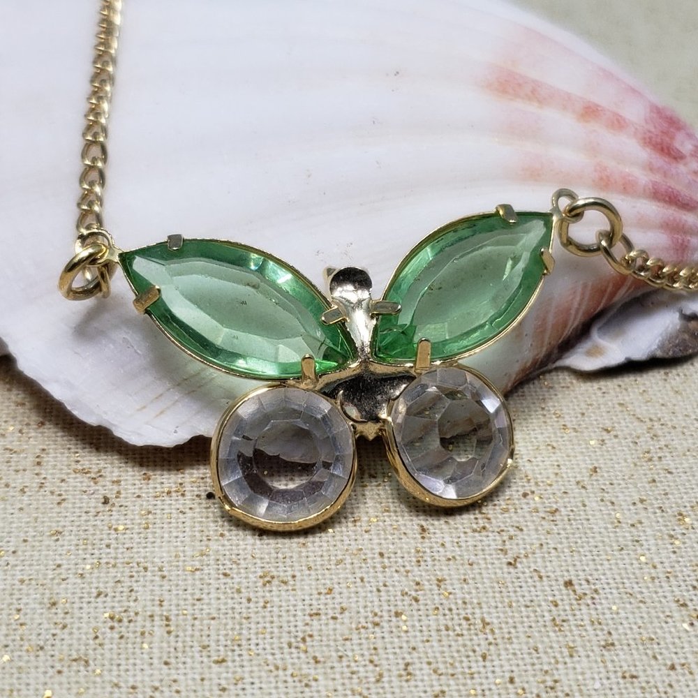 Vintage glass rhinestone butterfly green necklace